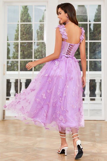 Unik A Line Purple Corset Prom Dress med sommerfugle applikationer